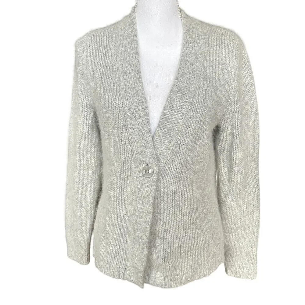 Sarah Spencer Grey Angora Lambswool Blend Single Button Knit Cardigan‎ Sweater L